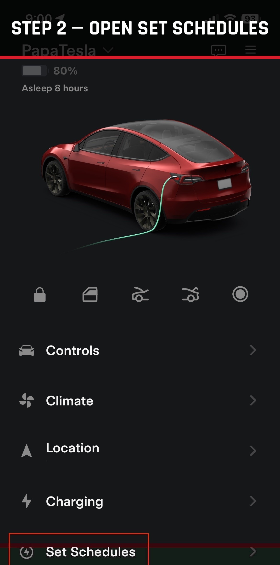Tesla app main screen with Set Schedules highlighted