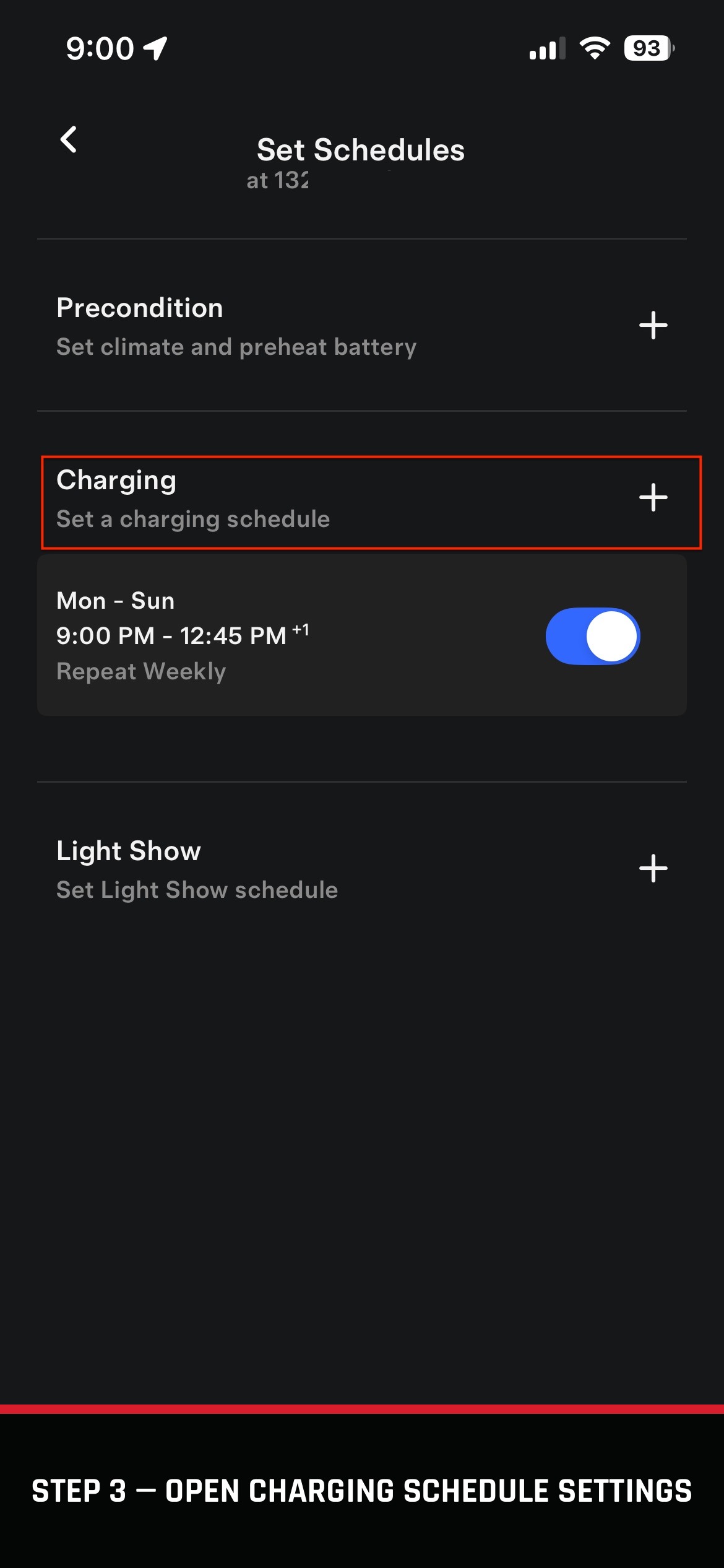 Tesla app Set Schedules screen with Charging highlighted