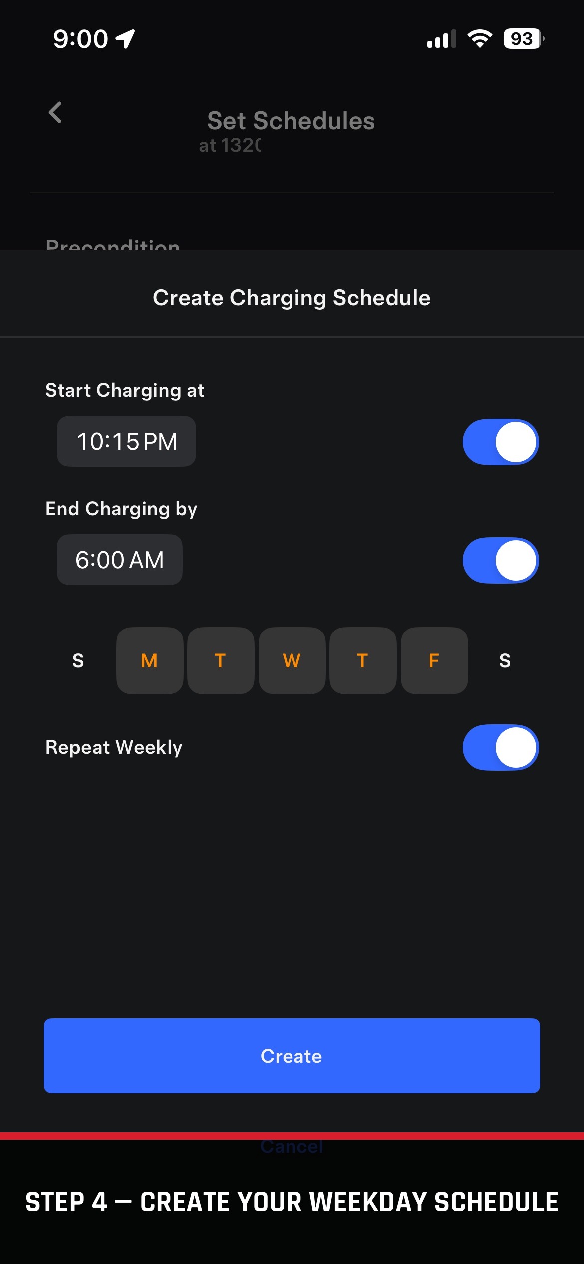 Tesla app Create Charging Schedule screen set to 10:15 PM to 6:00 AM, Monday through Friday
