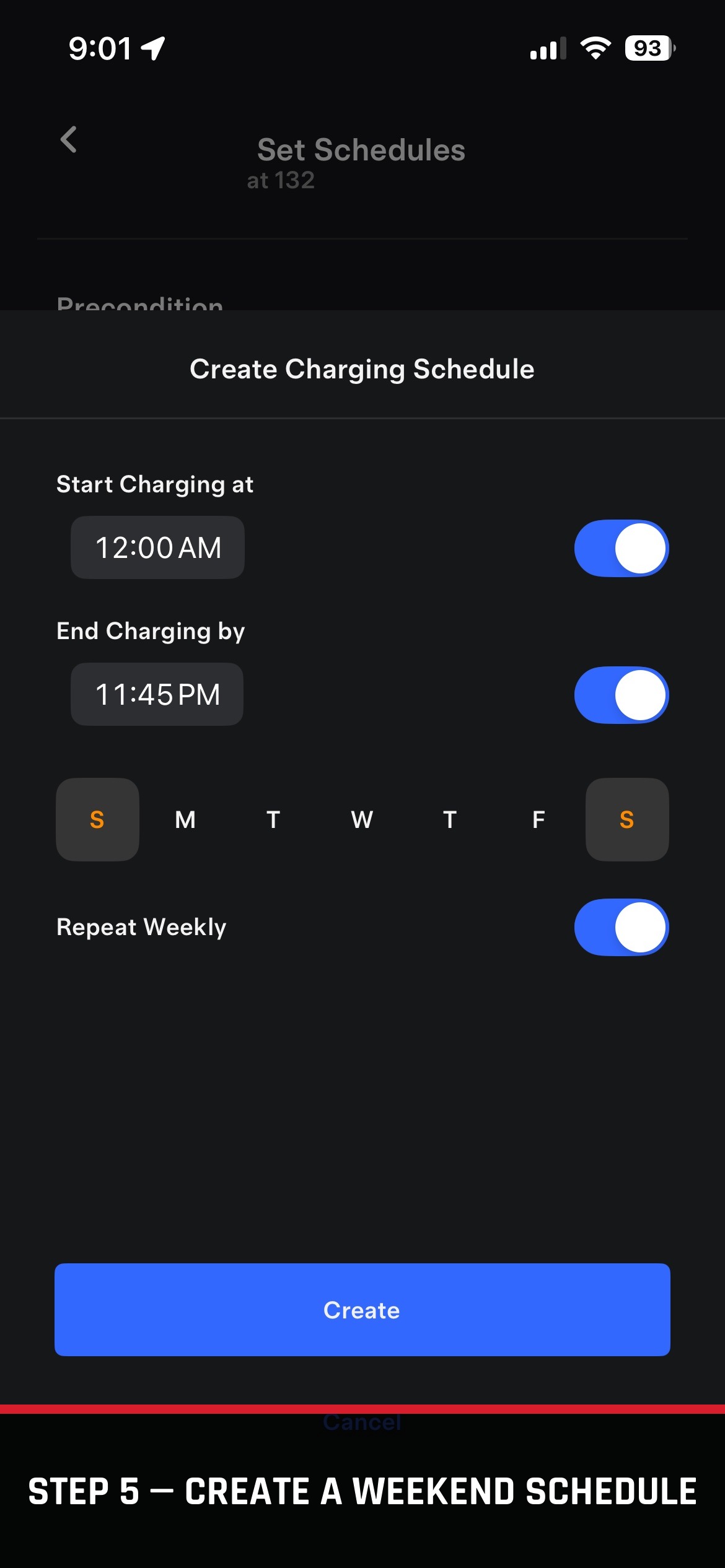 Tesla app Create Charging Schedule screen set to 12:00 AM to 11:45 PM, Saturday and Sunday