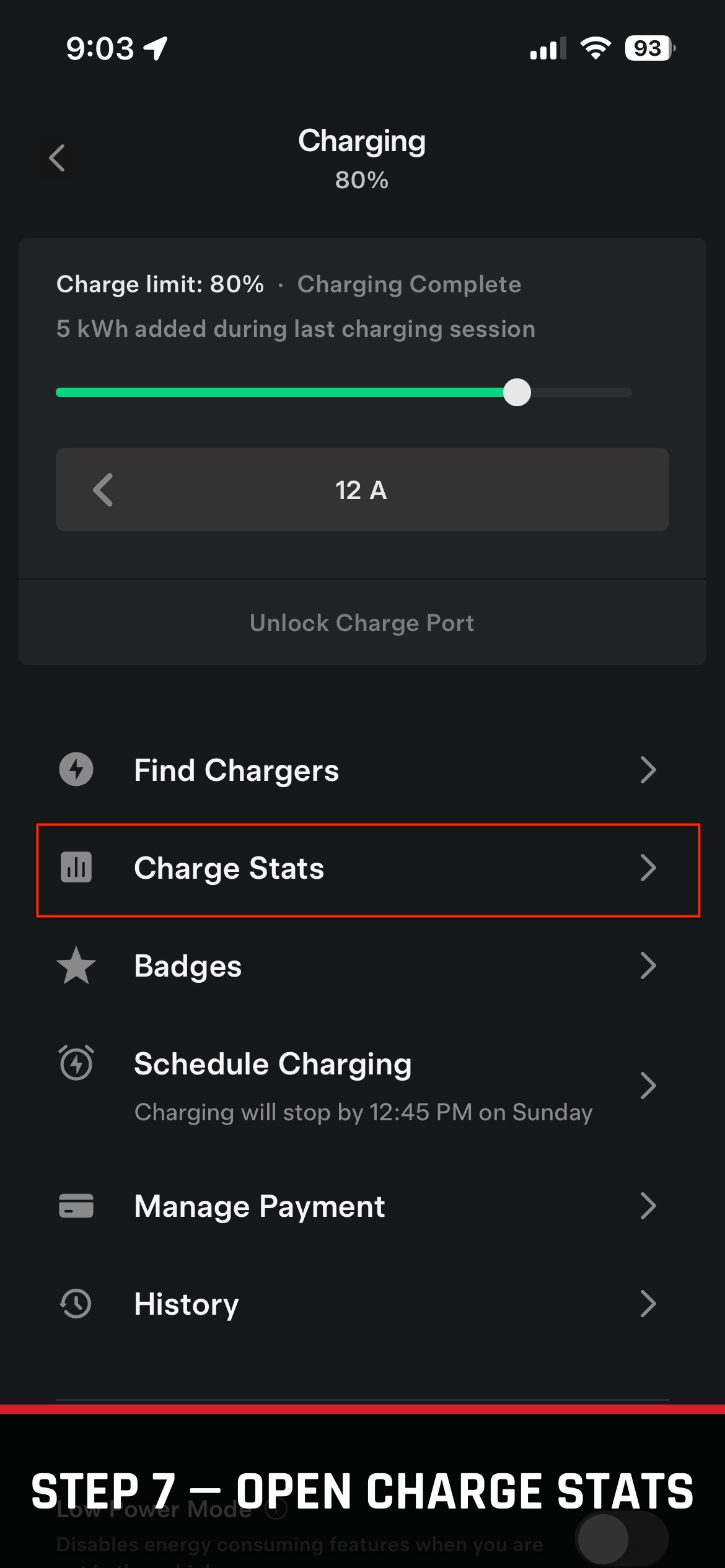 Tesla app Charging screen with Charge Stats highlighted