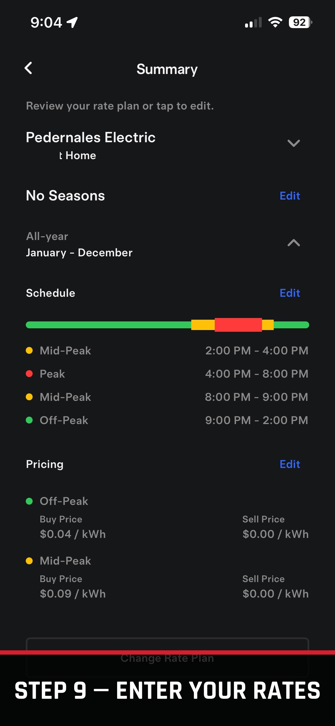 Tesla app rate plan settings screen showing Pedernales Electric off-peak and mid-peak pricing