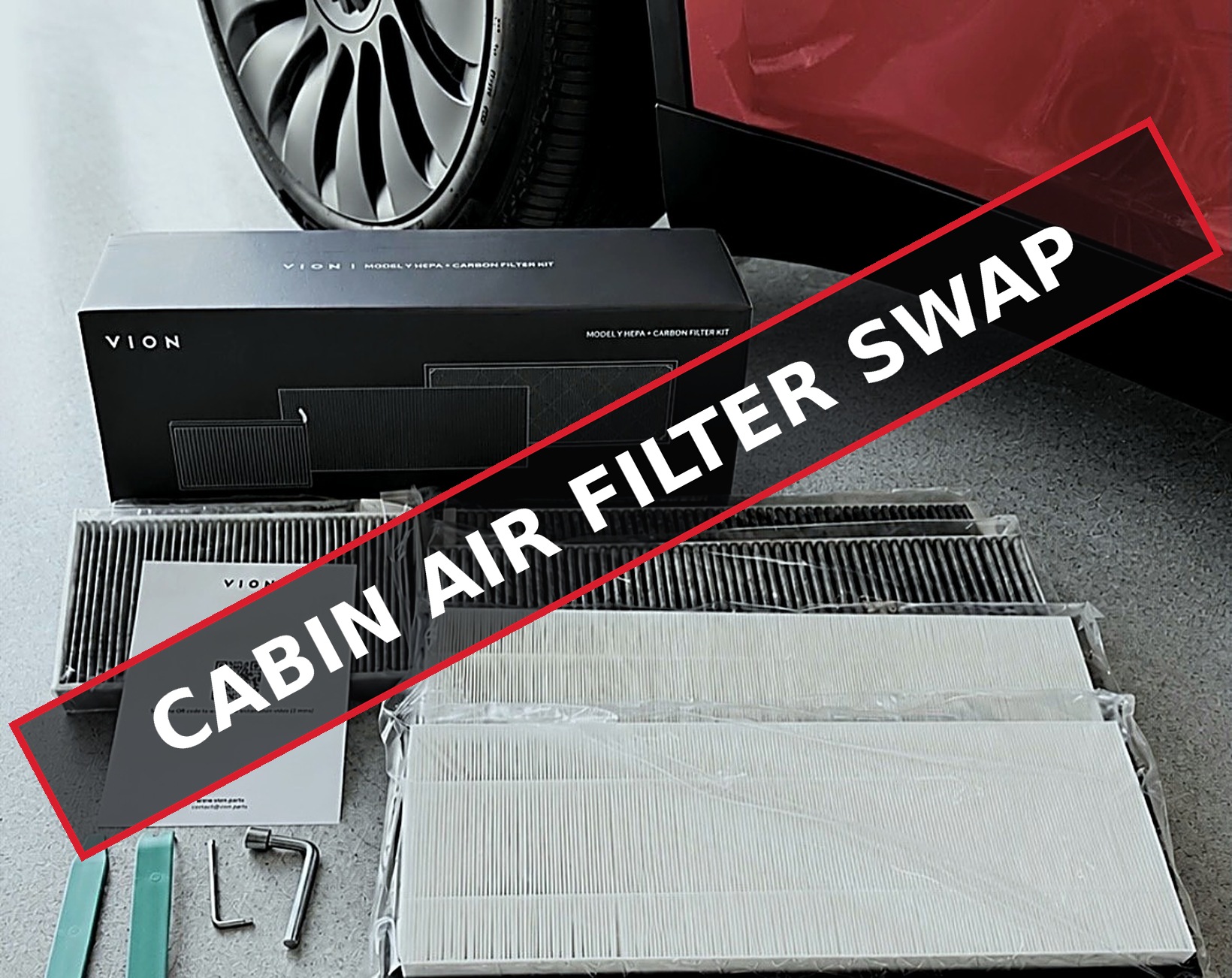 VION HEPA and carbon cabin air filter kit, filters, and tools laid out next to a Tesla Model Y