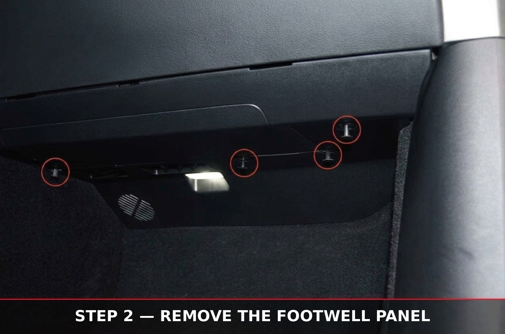 Four push clips circled underneath the glovebox panel
