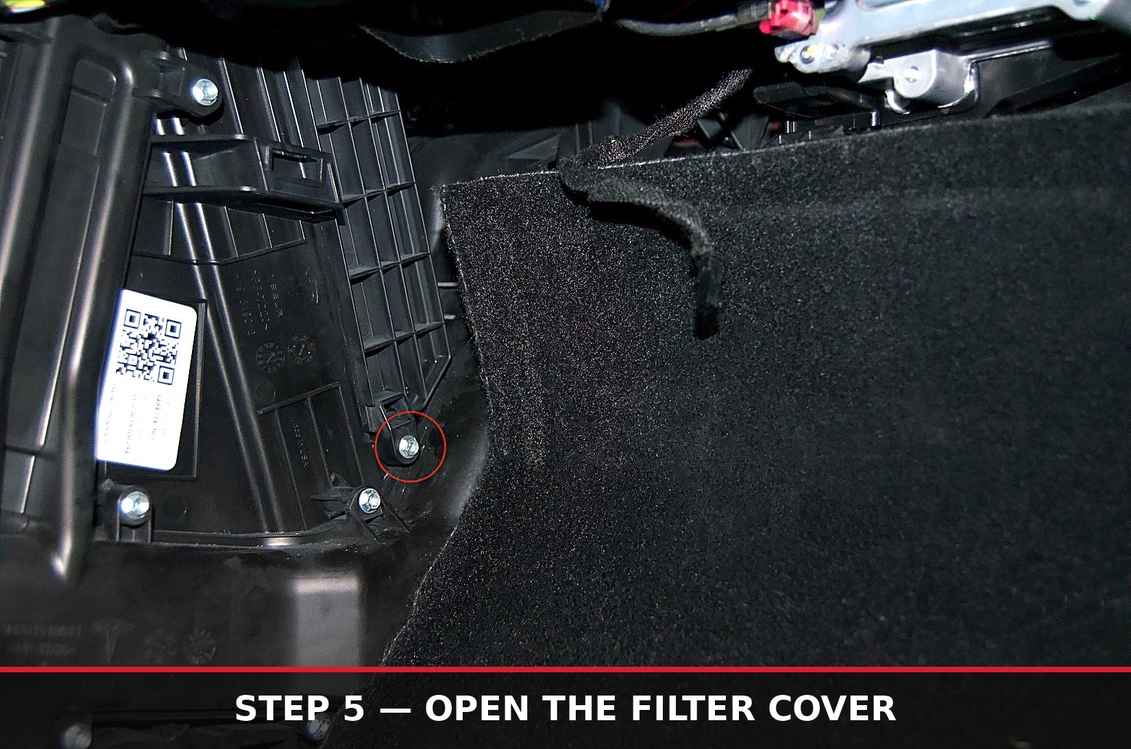 Filter cover screw circled near the HVAC housing bracket