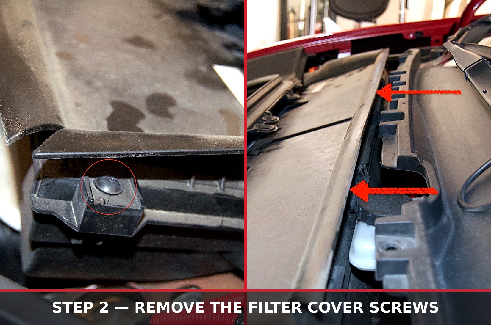 The single passenger-side screw circled, and the screws above and below the rubber seal marked with arrows