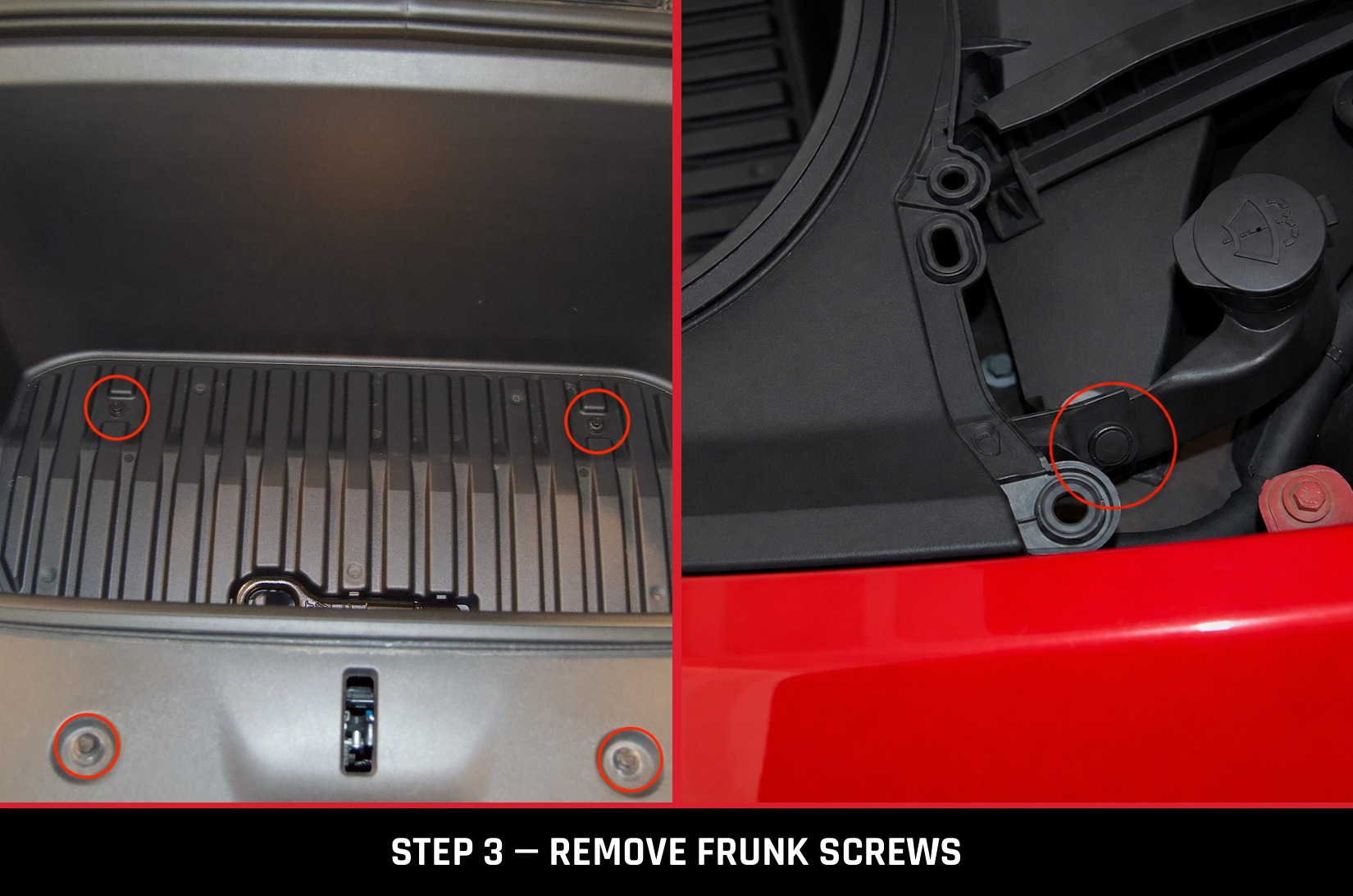 Four frunk screw locations circled, and the driver-side clip circled