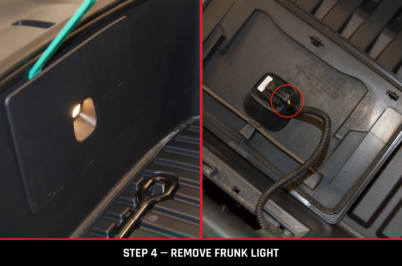 Frunk light cover removed, and the light plug circled