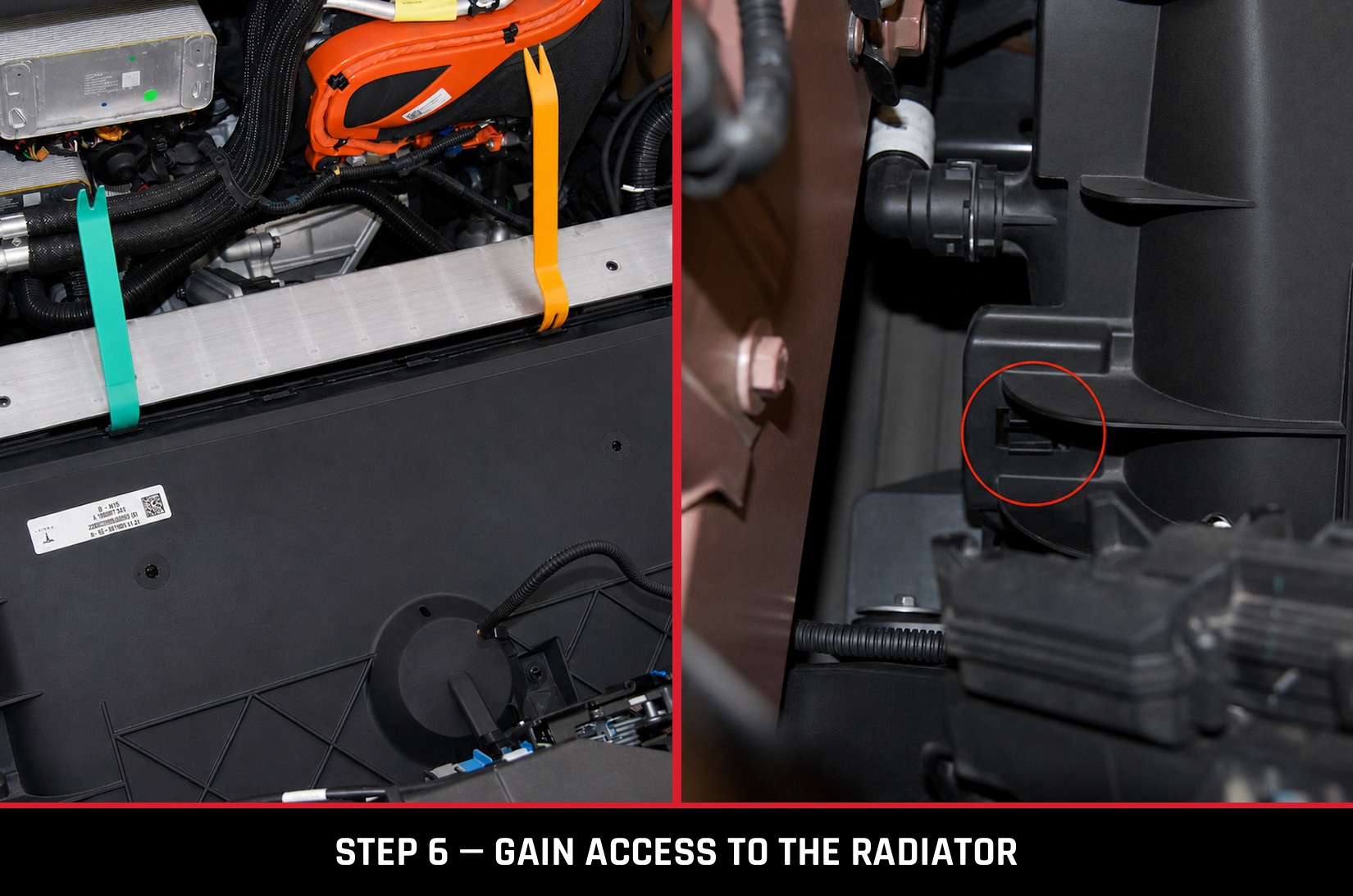 Radiator cover top clips released, and a side clip circled being pinched with pliers