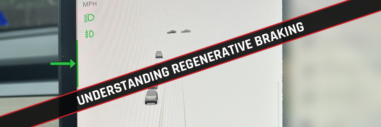 Tesla Model Y touchscreen with a green arrow pointing to the regenerative braking indicator bar