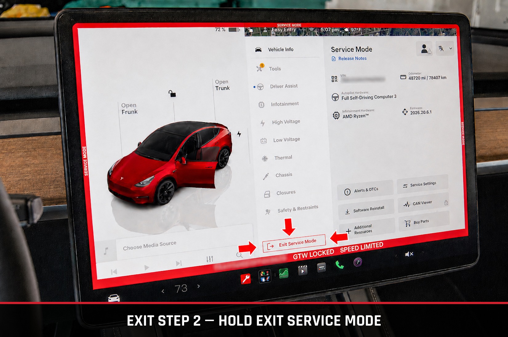Tesla Model Y touchscreen with arrows pointing to the Exit Service Mode button