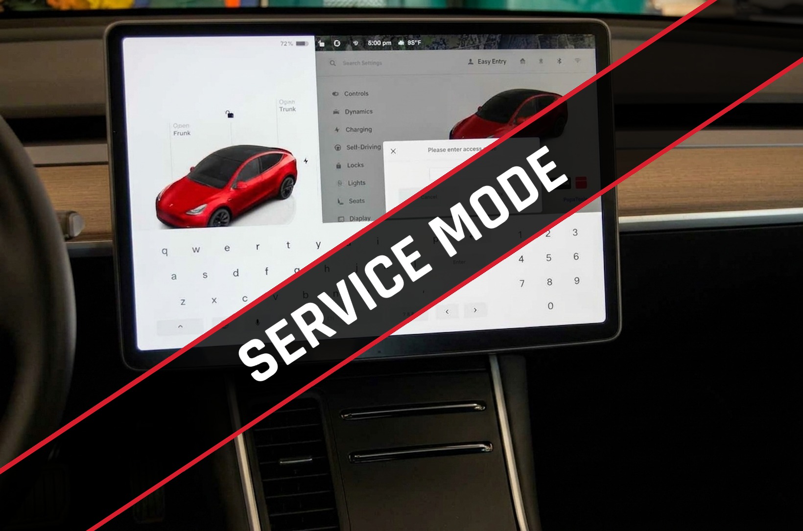 Tesla Model Y touchscreen showing the Service Mode access code prompt