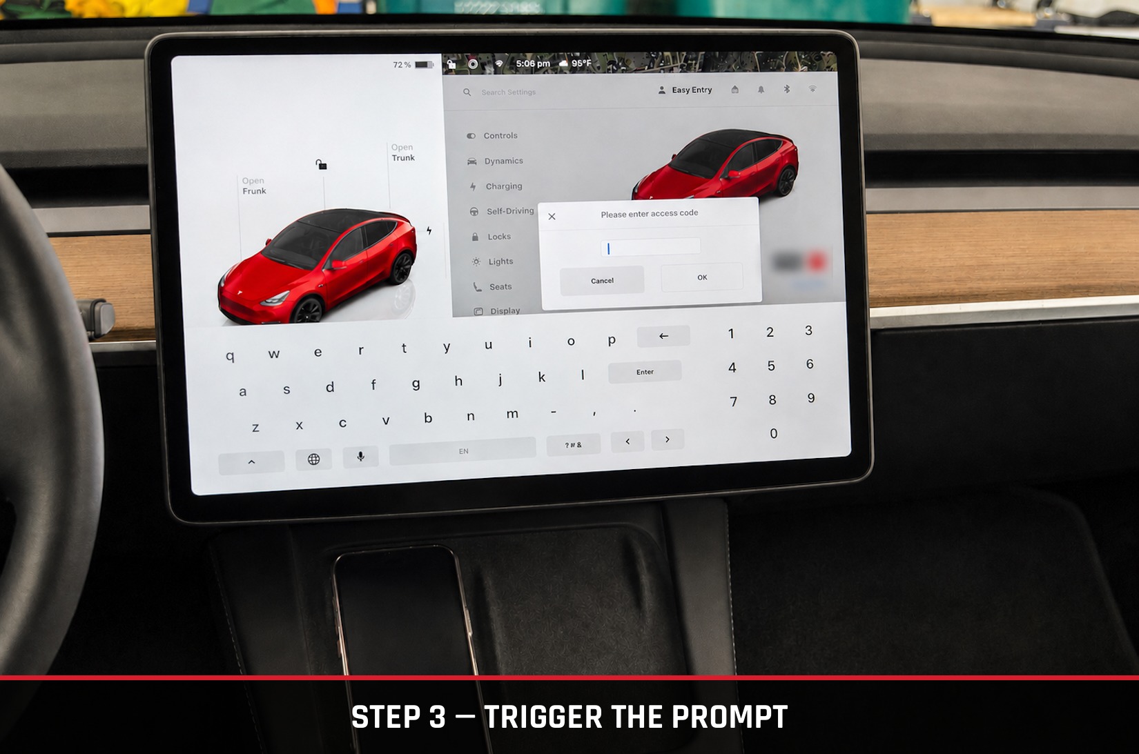 Tesla Model Y touchscreen showing the Service Mode access code prompt
