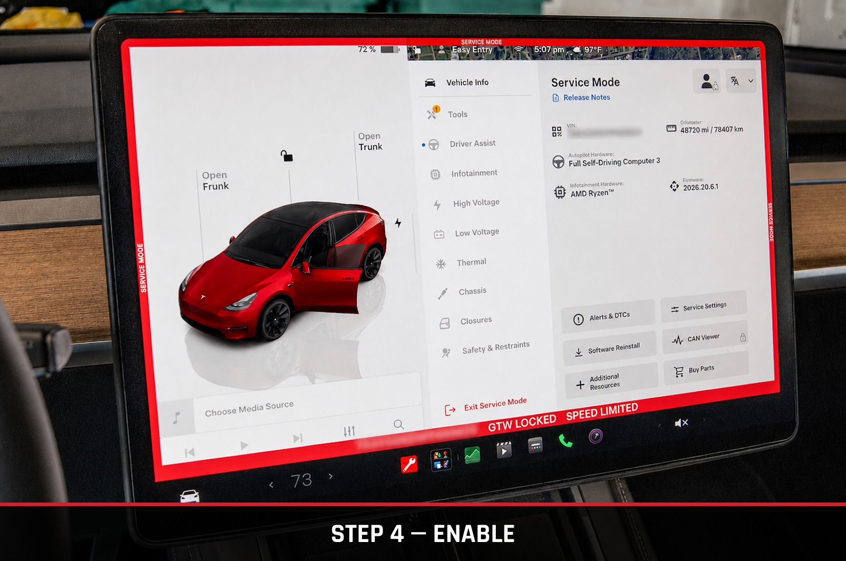Tesla Model Y touchscreen showing the Service Mode menu active, framed in red
