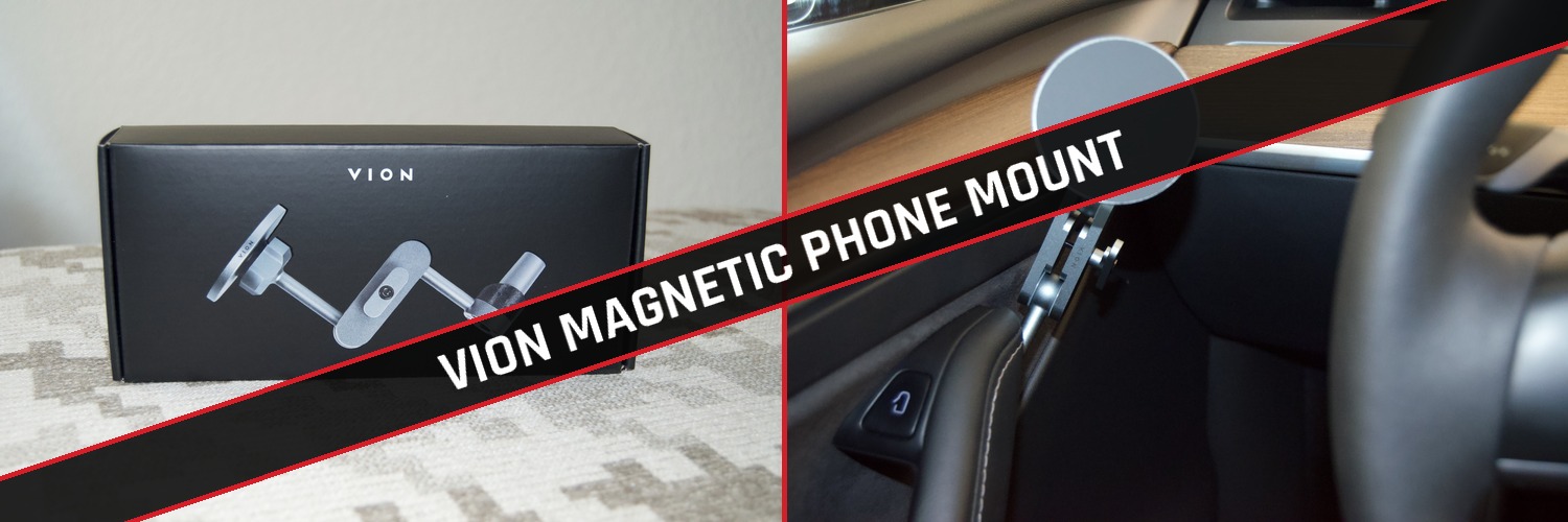 VION Magnetic Phone Mount box next to the mount installed in a Tesla Model Y
