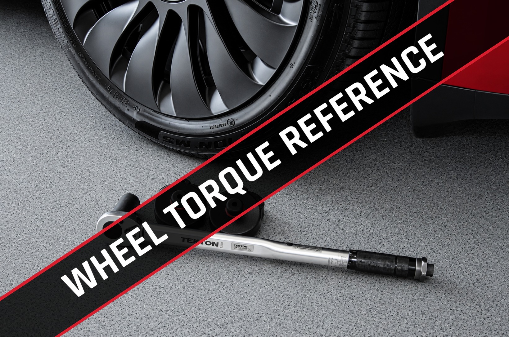 Torque wrench and lug nut socket set beside a Tesla Model Y wheel