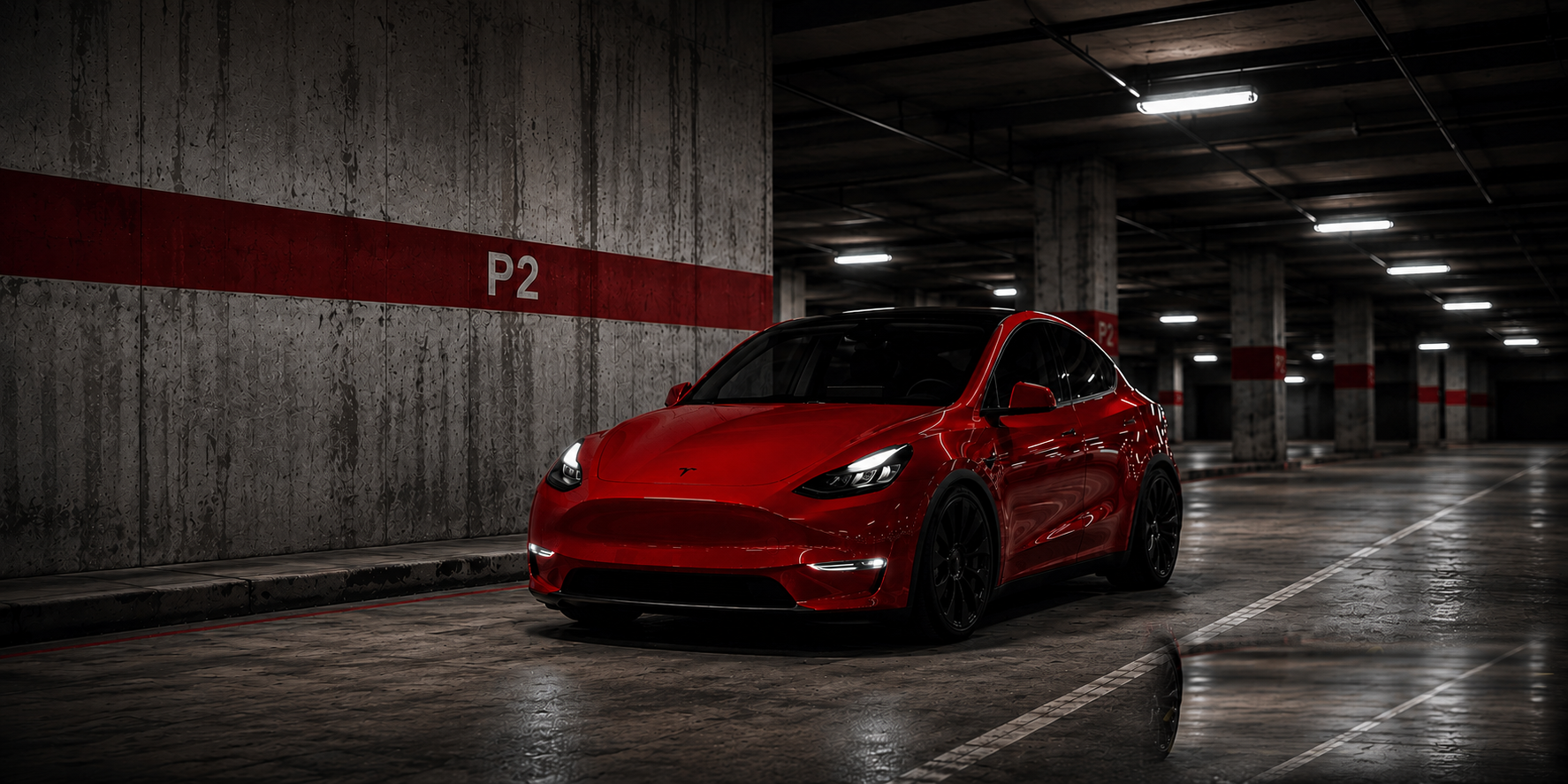 Red Tesla Model Y parked in an underground garage, level P2